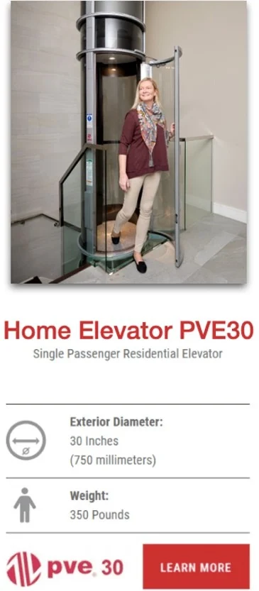 PVE30 Home Elevator Woman stepping out of a PVE30 glass vacuum elevator beside a staircase