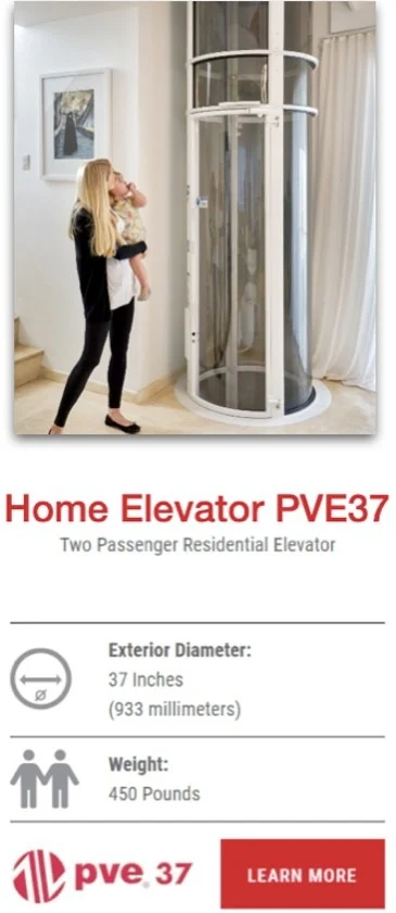 PVE37 Home Elevator Mother carrying child beside the PVE37 glass vacuum elevator in a home