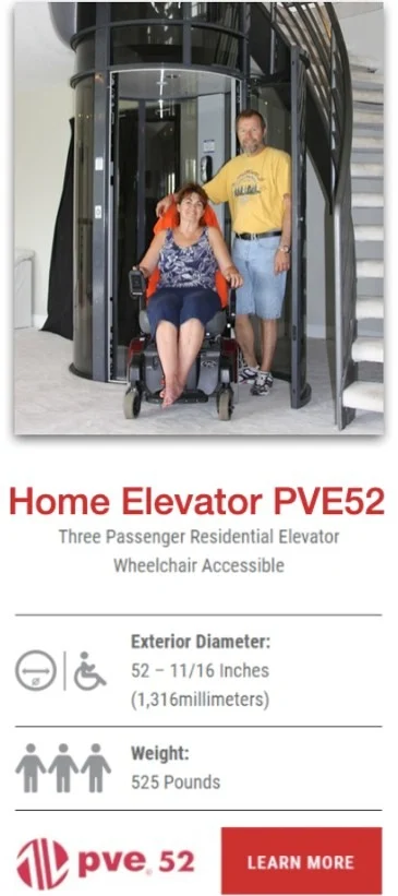 PVE52 Wheelchair Accessible Home Elevator Woman in a wheelchair exiting the PVE52 home elevator with a man beside her near a staircase